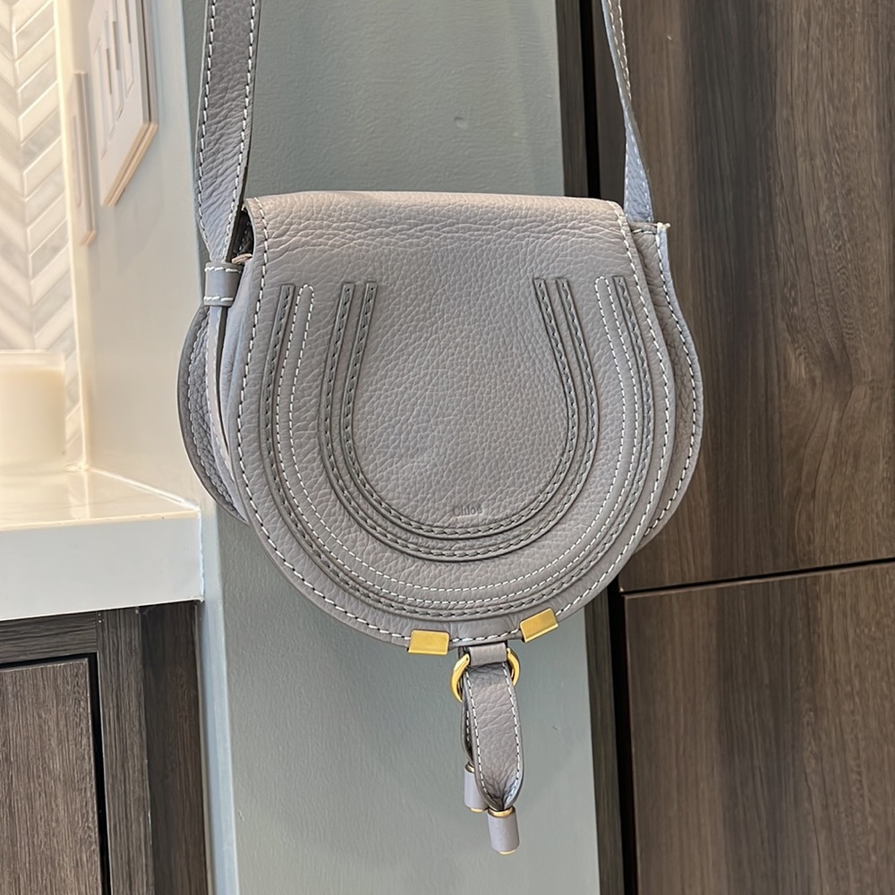 Chloé Marcie small saddle bag in grey. Dress not included.